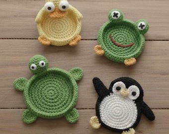 Sous-verre animal au crochet, canard, pingouin, grenouille, tortue sous-verre au crochet (Modèle PDF)