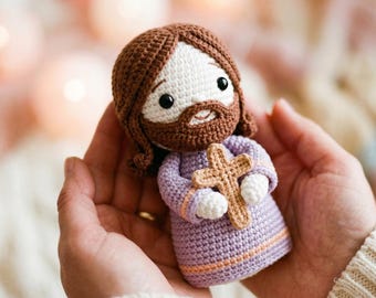 Motif au crochet Jésus de Pâques, motif Amigurumi religieux pour cadeau de baptême, tutoriel peluche Jésus-Christ, motif anglais PDF