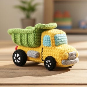 Op de afbeelding: Een gehaakte speelgoedkipper. De vrachtwagen is geel met een groene laadbak, blauwe raamaccenten en zwarte wielen. De vrachtwagen heeft grijze en rode details en staat op een houten oppervlak.