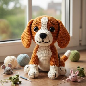 Peut inclure: Un chien beagle crocheté en fil orange et blanc, avec des yeux noirs et un nez noir. Il est posé sur une surface en bois avec des pelotes de laine, un crochet et de petits animaux crochetés, dont une souris, une grenouille et un lapin.