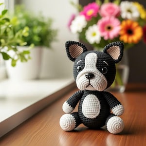May include: A handmade crochet Boston Terrier dog in black, white, and tan. The plush toy has a white chest, muzzle, and paws, with black ears and body. The dog is sitting on a wooden surface.