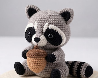 Patron au crochet : raton laveur amigurumi, guide PDF raton laveur amigurumi avec gland, tutoriel crochet animal des bois, peluche à faire soi-même, termes anglais US