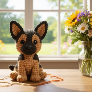 May include: A crocheted German Shepherd puppy toy with black and tan yarn, featuring large dark eyes and a black nose. The stuffed animal sits upright with a small tail, and a loose strand of tan yarn lies on the surface in front of it.