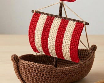 Modèle au crochet bateau viking, modèle bateau Amigurumi, décoration nautique pour chambre d'enfant, bateau jouet au crochet, téléchargement numérique PDF, conditions anglais États-Unis