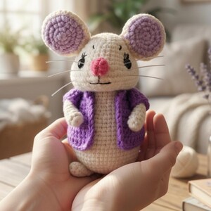Può includere: Un giocattolo a forma di topo all'uncinetto con corpo color crema, grandi orecchie lavanda e naso rosa. Il topo indossa un gilet viola. Il giocattolo ha occhi neri e baffi di filo metallico. Il topo è tenuto in due mani.