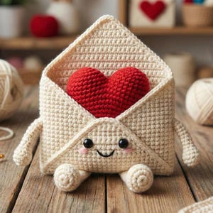 May include: A crocheted envelope with a red heart inside, featuring arms, legs, and a smiling face. The handmade item is beige, with a red heart, and is set on a wooden surface. Crochet supplies and yarn balls are in the background.