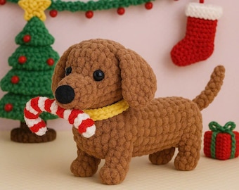 Modèle au crochet pour chien teckel, modèle Amigurumi de Noël, peluche des fêtes à faire soi-même, PDF au crochet pour l'hiver, décoration d'intérieur au crochet, modèle PDF