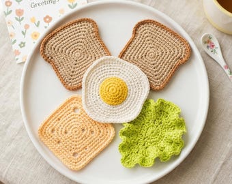 Petit-déjeuner sous-verre Amigurumi au crochet, sous-verre pour toasts, sous-verre oeuf au plat, sous-verre au fromage suisse, motif au crochet sous-verre laitue