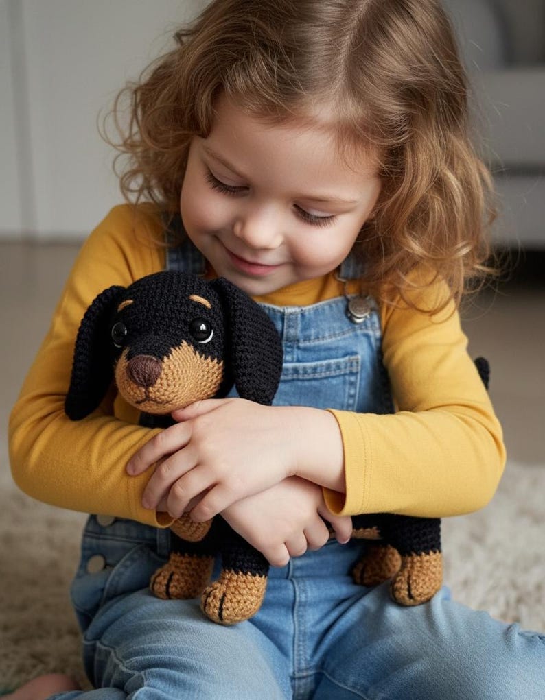 May include: A handmade crochet dachshund dog toy. The toy is black and tan, with floppy ears and a long body. The dog is being held by a person wearing a yellow long-sleeve shirt and blue denim overalls.
