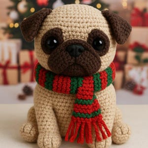 May include: Crocheted pug dog with a red and green striped scarf. The pug has brown ears and muzzle, and large black eyes. The text "PDF PATTERN" is at the bottom of the image. The background is blurred with Christmas decorations.