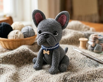 Patron de bouledogue français au crochet Amigurumi | Tutoriel PDF Frenchie gris anthracite | Modèle DIY en peluche pour chien | Téléchargement numérique (termes anglais américains)