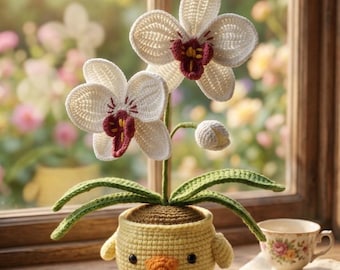 Motif orchidée au crochet, Amigurumi Phalaenopsis en pot de poussin, motif fleur au crochet, motif plante Amigurumi, crochet cadeau fête des mères