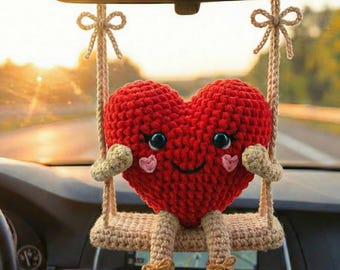 Heart Car Charm Crochet Pattern, Amigurumi Rearview Mirror Hanger Pattern, Valentine's Car Accessory, Cute Car Decor English PDF Pattern