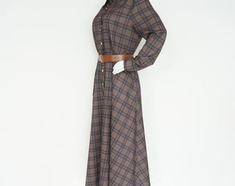 ladies long dresses casual Women's Plaid Button Down Maxi Dress – Sleeve V Neck Retro With Belt, Fall Winter Women's Casual Long Dress feather_masquerade
