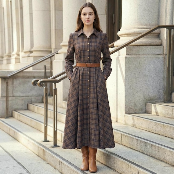 Women's Plaid Long-Sleeve Shirt Dress with Belt | Ankle-Length Button-Down Maxi Dress | Autumn Street Style Dress | Birthday Gift