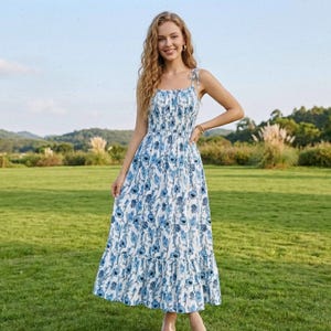 White Dress With Blue Floral Maxi