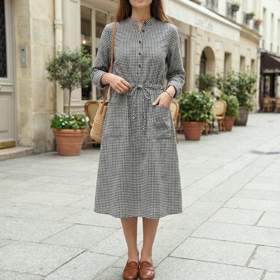 drawstring waist shirt dress Gingham Shirt Dress With Drawstring Waist, Long Sleeve Button Front Dress,  Casual Midi Dress for Daily Wear