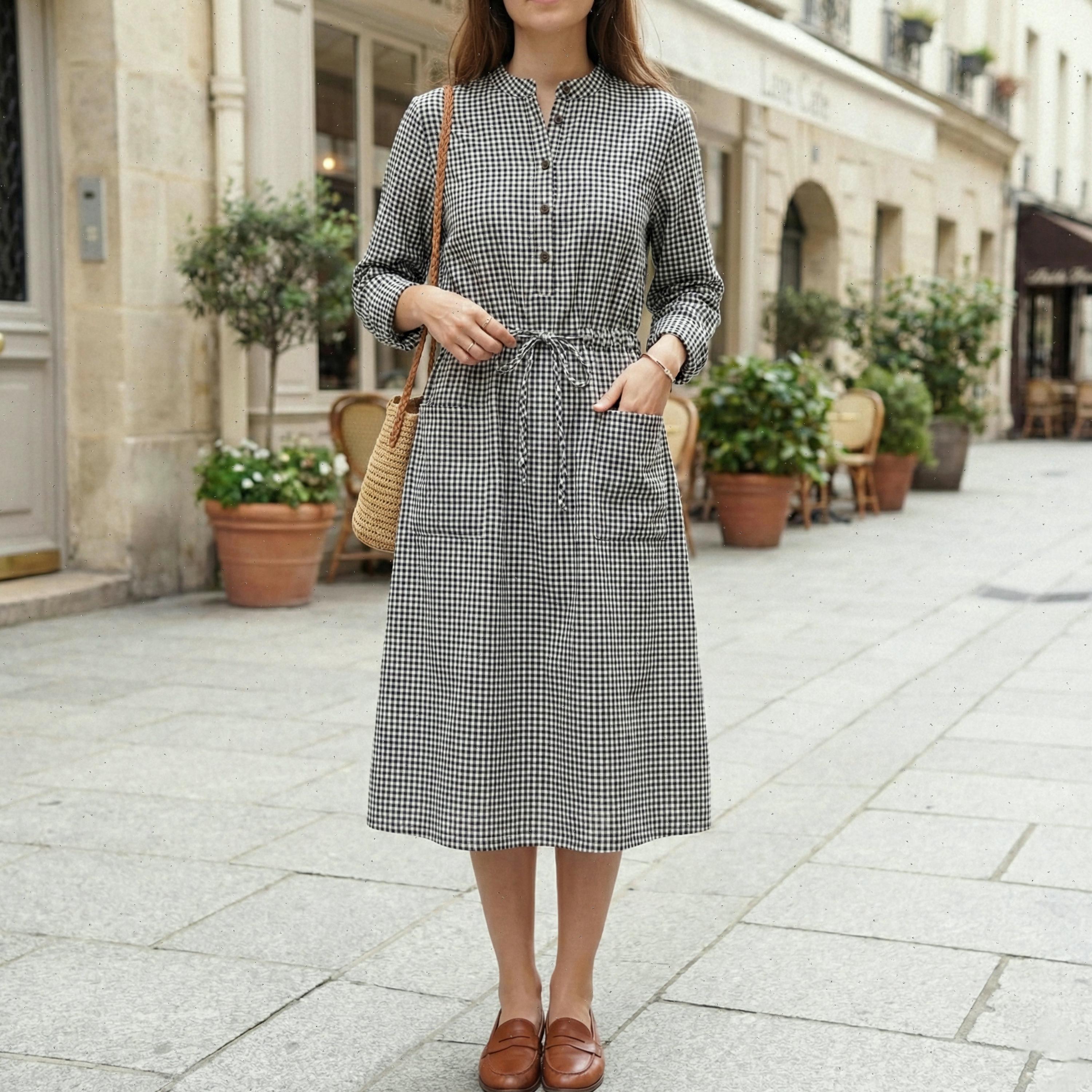 Gingham Shirt Dress With Drawstring Waist, Long Sleeve Button