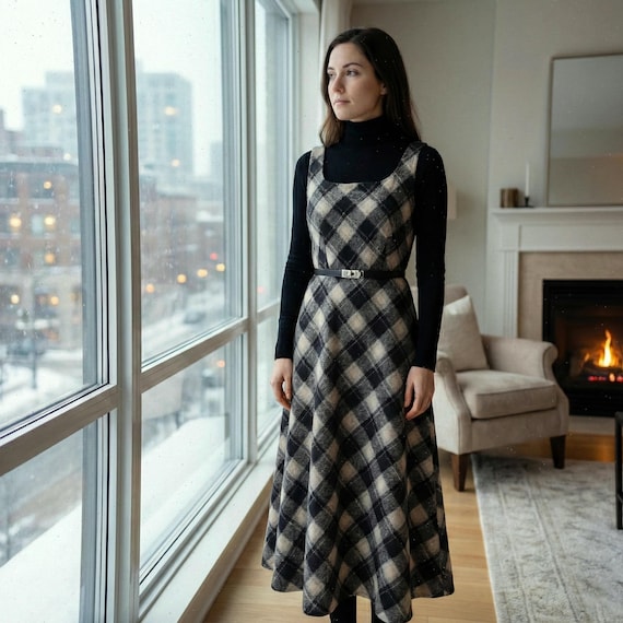 Women's Plaid Vest Midi Dress | A-line Vest Dress | Casual Everyday Dress | Autumn/Winter Dress | Valentine's Day Gift