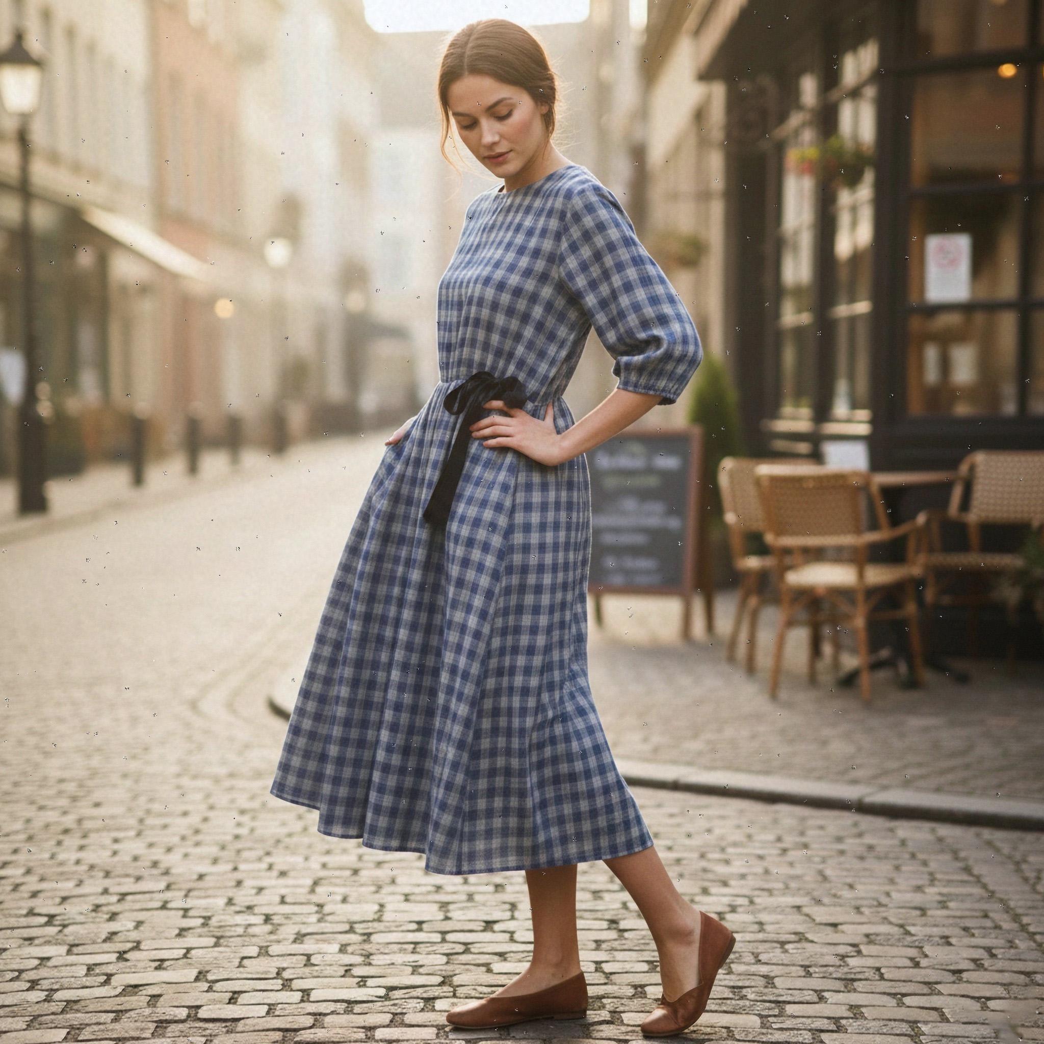 blue plaid midi dress | Round Neck High-Waisted Dress | Waist-cinching Tie Dress | Casual Dress ALICE + OLIVIA Shanti