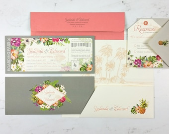 Bold Botanicals Boarding Pass Wedding Invitation Sample | Hawaii Wedding | Destination Wedding Invitation