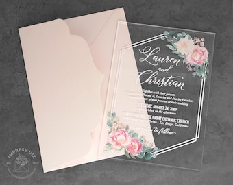 Clear Acrylic Invitations | Plastic Wedding Invites | Blush Pink Floral Flowers | Sample Only