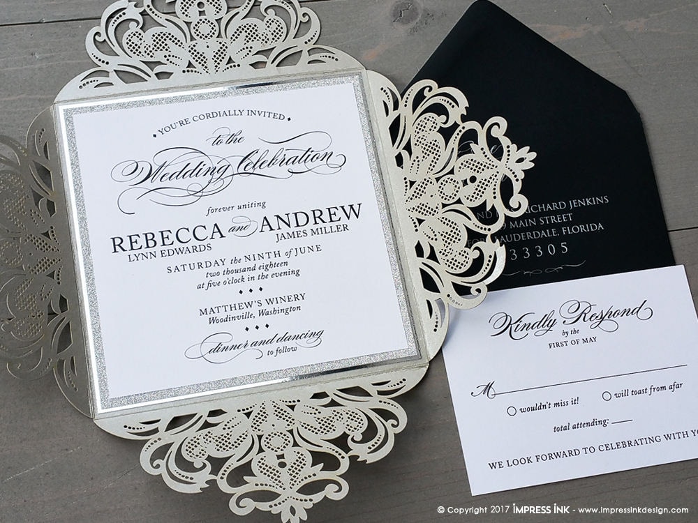 Laser Cut Filigree Lace Wedding Invitation Sample Silver Glitter