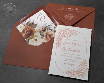 Muestra de invitación de boda de terracota con corona floral tipográfica / Invitaciones de flores modernas / Papelería clásica elegante