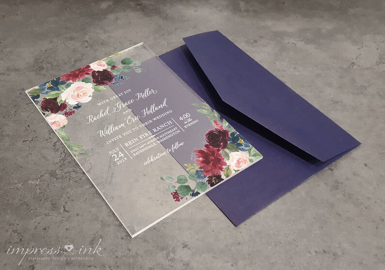 Clear Acrylic Invitations Plastic Wedding Invites Burgundy Etsy