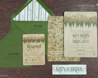 Rocky Mountains REAL WOOD Wedding Invitation Sample | Birch Wood | Ombre Mountain | Trees | Wood | Glitter | Foil | Belly Bands