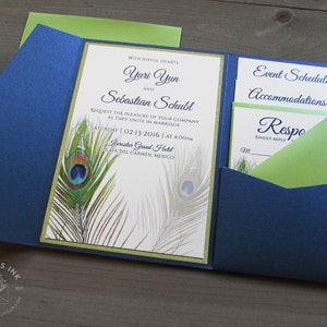 Peacock Feather Wedding Invitation Sample Flat or Pocket Fold Style image 2