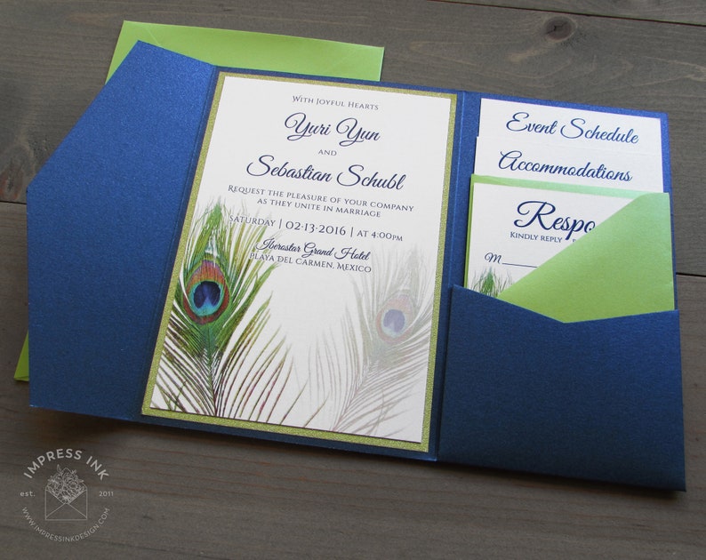 Peacock Feather Wedding Invitation Sample Flat or Pocket Fold Style image 2