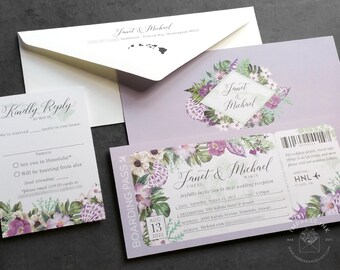 Lavender Purple Tropical Boarding Pass Wedding Invitation Sample | Hawaii Wedding | Destination Wedding Invitation