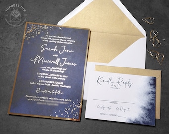 Dark Moody Navy Blue Watercolor Invitation Sample | Gold Foil Confetti Paint Splatter | New Years Eve Wedding