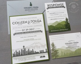 Seattle City Skyline Mountains Wedding Invitation Sample | Kraft Paper | Flat or Pocket Fold Style