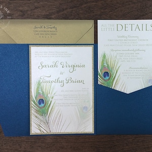 Peacock Feather Wedding Invitation Sample Flat or Pocket Fold Style image 1