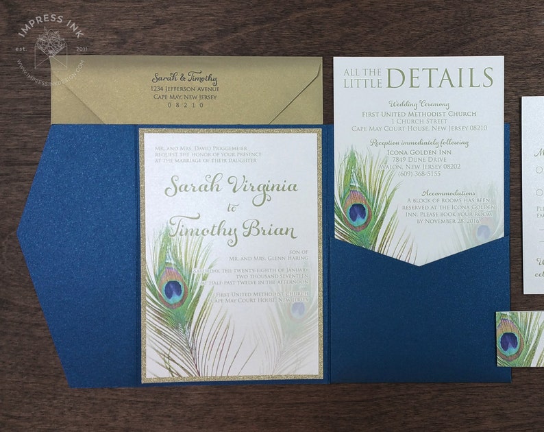 Peacock Feather Wedding Invitation Sample Flat or Pocket Fold Style image 1