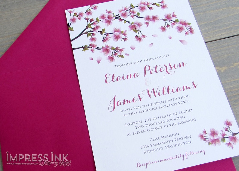 Cherry Blossoms Wedding Invitation Sample Flat or Pocket Fold Style Etsy