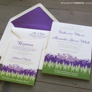 Échantillon de faire-part de mariage de montagnes rustiques Invitations de mariage Rocky Mountains Colorado Violet et Vert image 2