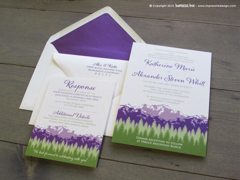 Échantillon de faire-part de mariage de montagnes rustiques Invitations de mariage Rocky Mountains Colorado Violet et Vert image 2