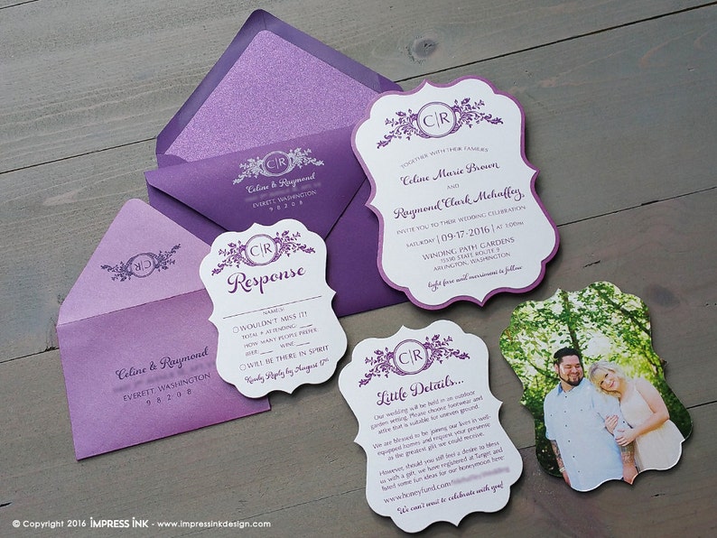 Ornate Monogram Glitter Wedding Invitation Sample Flat or Pocket Fold Style image 2