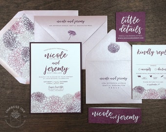 Floral Dahlias Wedding Invitation Sample | Flat, Pocket or Laser Cut Style | Burgundy and Blush