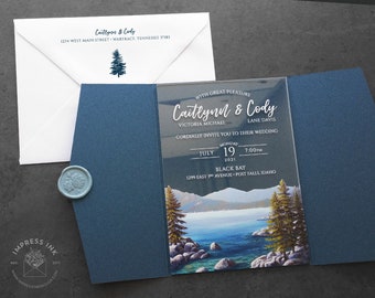 Muestra de invitación de boda de Lake Tahoe / Tarjetas de plástico transparente acrílico / Montañas y árboles rústicos