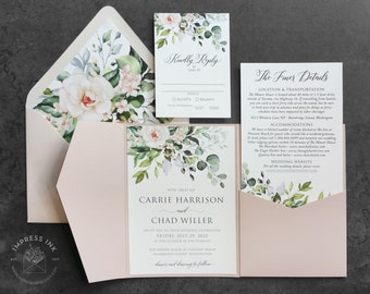 Floral Greenery Invitation Sample with Blush Pink Flowers l Wedding Invitation Sample | Flat, Laser Cut, Acrylic or Pocket Fold Style