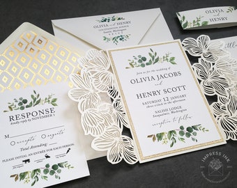 Greenery Ferns Wedding Invitation Sample | Greenery Invite | Laser Cut | Flat or Pocket Fold Style