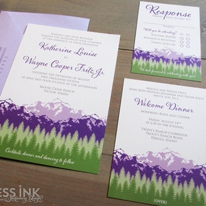 Échantillon de faire-part de mariage de montagnes rustiques Invitations de mariage Rocky Mountains Colorado Violet et Vert image 1