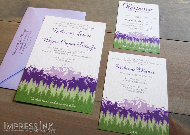 Échantillon de faire-part de mariage de montagnes rustiques Invitations de mariage Rocky Mountains Colorado Violet et Vert image 1