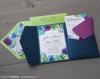 Succulents Botanical Wedding Invitation Sample | Flat or Pocket Fold Style