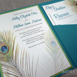 Peacock Feather Wedding Invitation Sample Flat or Pocket Fold Style image 6