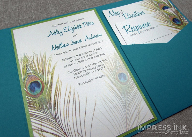 Peacock Feather Wedding Invitation Sample Flat or Pocket Fold Style image 6